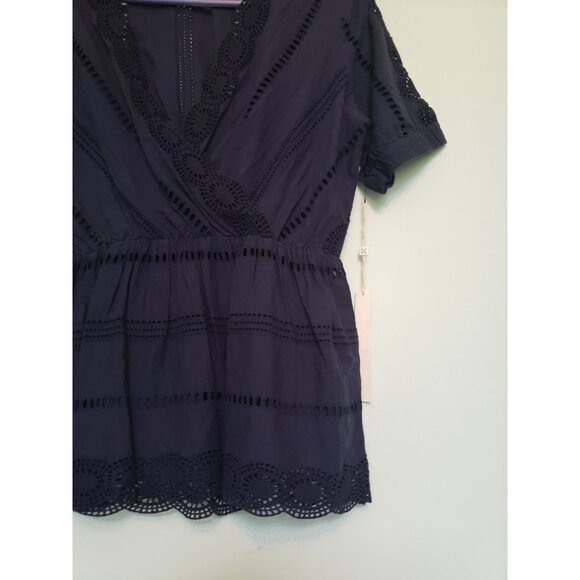 Caslon Womens S Blouse Dark Blue Eyelet Lace V Neck Boho Peplum 100% Cotton NWT - Picture 3 of 6